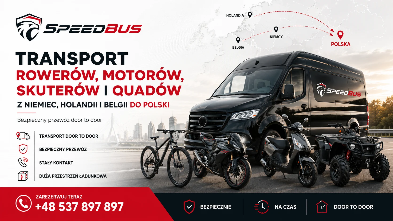 Transport rowerów, motorów i quadów do Polski 1 SpeedBus – transport rowerów, motorów, skuterów i quadów z Niemiec, Holandii i Belgii do Polski door to door